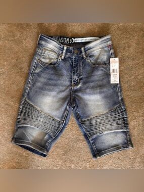 Reason Moto Denim Shorts Men’s 30 Blue Distressed Biker Ribbed Streetwear